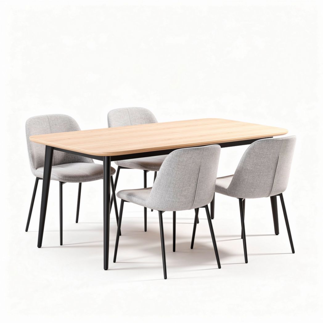 Table à manger en bois avec quatre chaises en tissu gris dimensions 150 x 90 x 75cm
