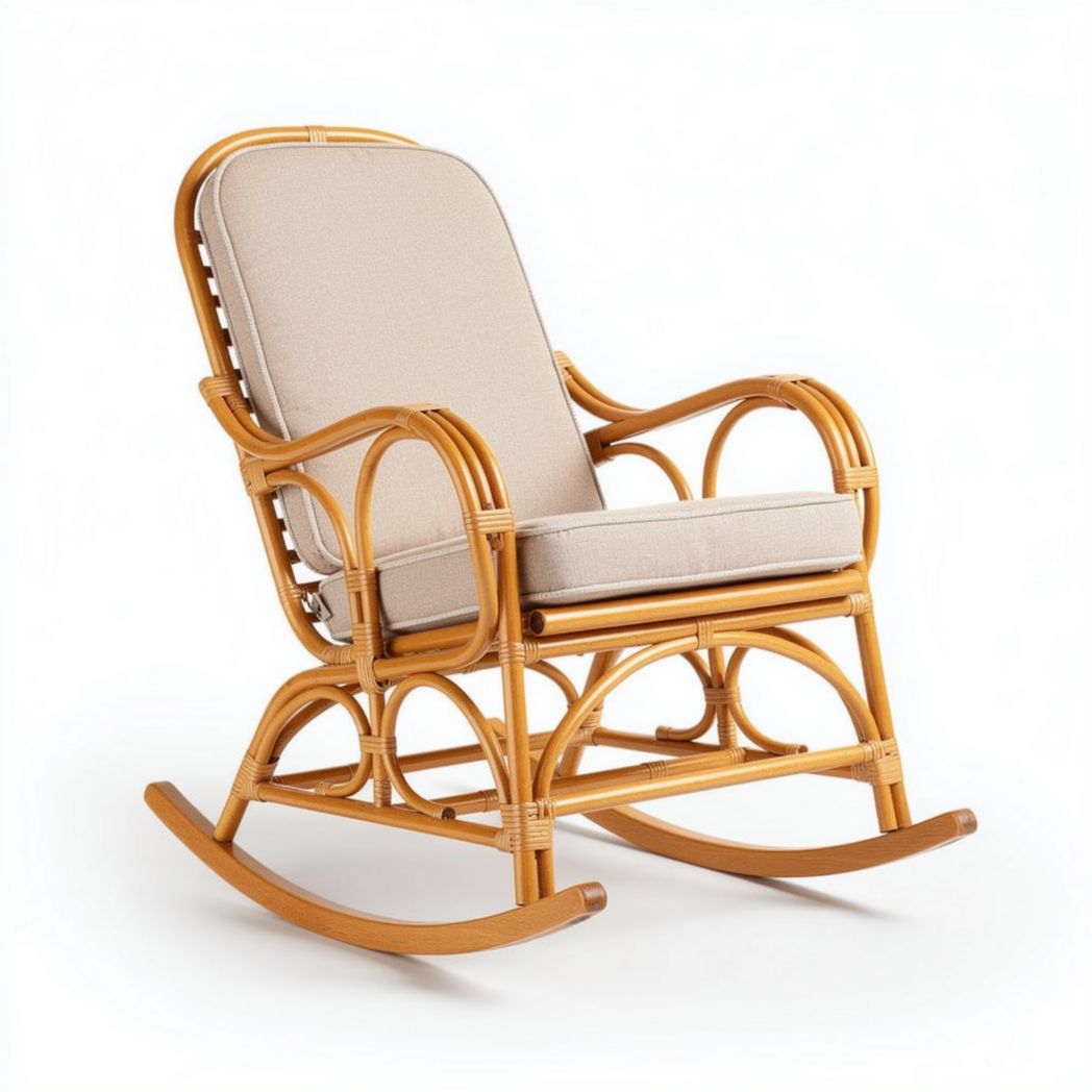 Fauteuil à bascule en rotin couleur naturelle avec coussin en tissu 85 x 60 x 100cm