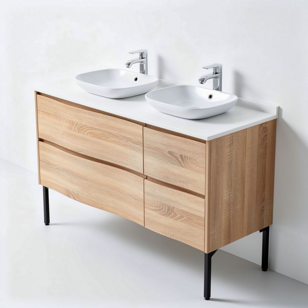 Meuble de salle de bain en bois clair avec double vasque dimensions 120 x 45 x 85cm