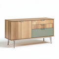 Meuble de rangement en bois clair avec tiroirs et porte en vert 150 x 45 x 80cm