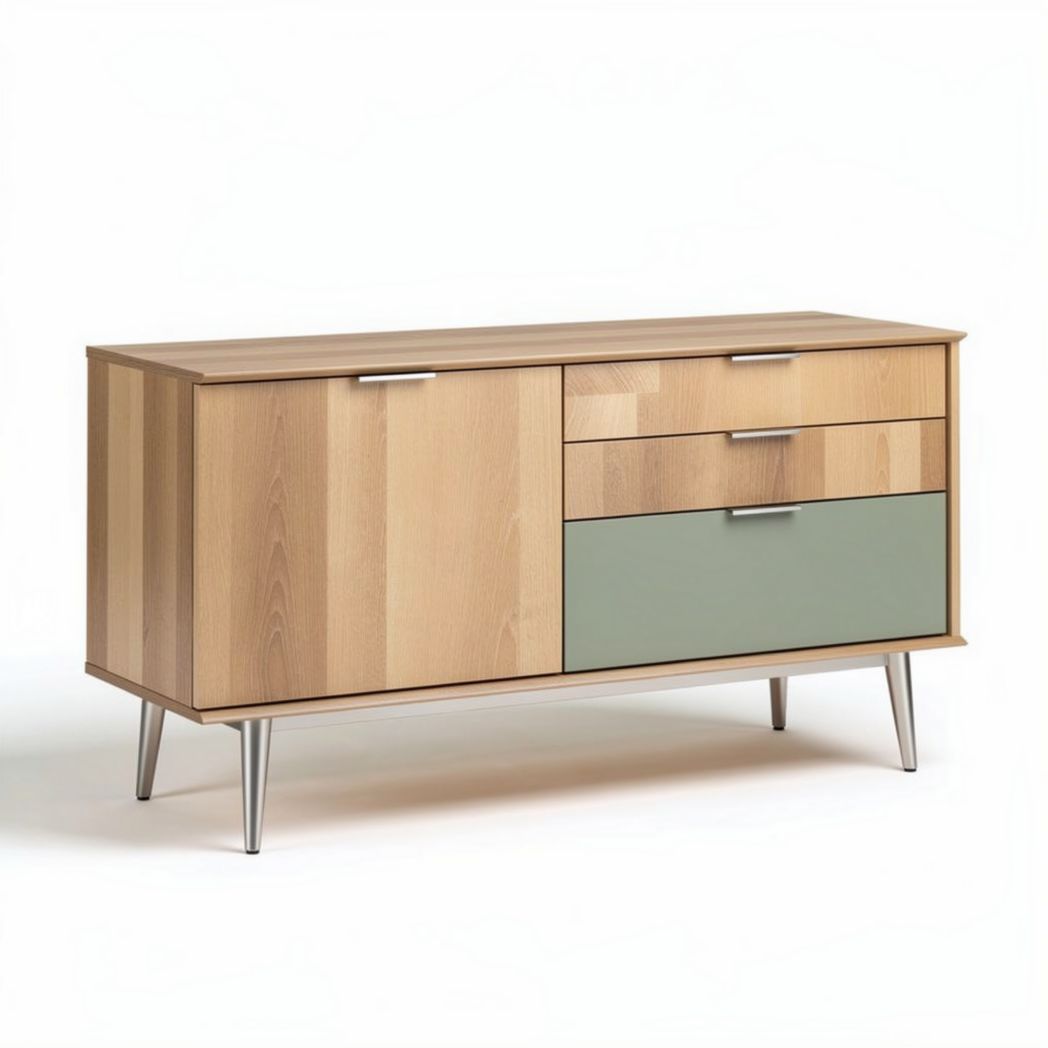 Meuble de rangement en bois clair avec tiroirs et porte en vert 150 x 45 x 80cm