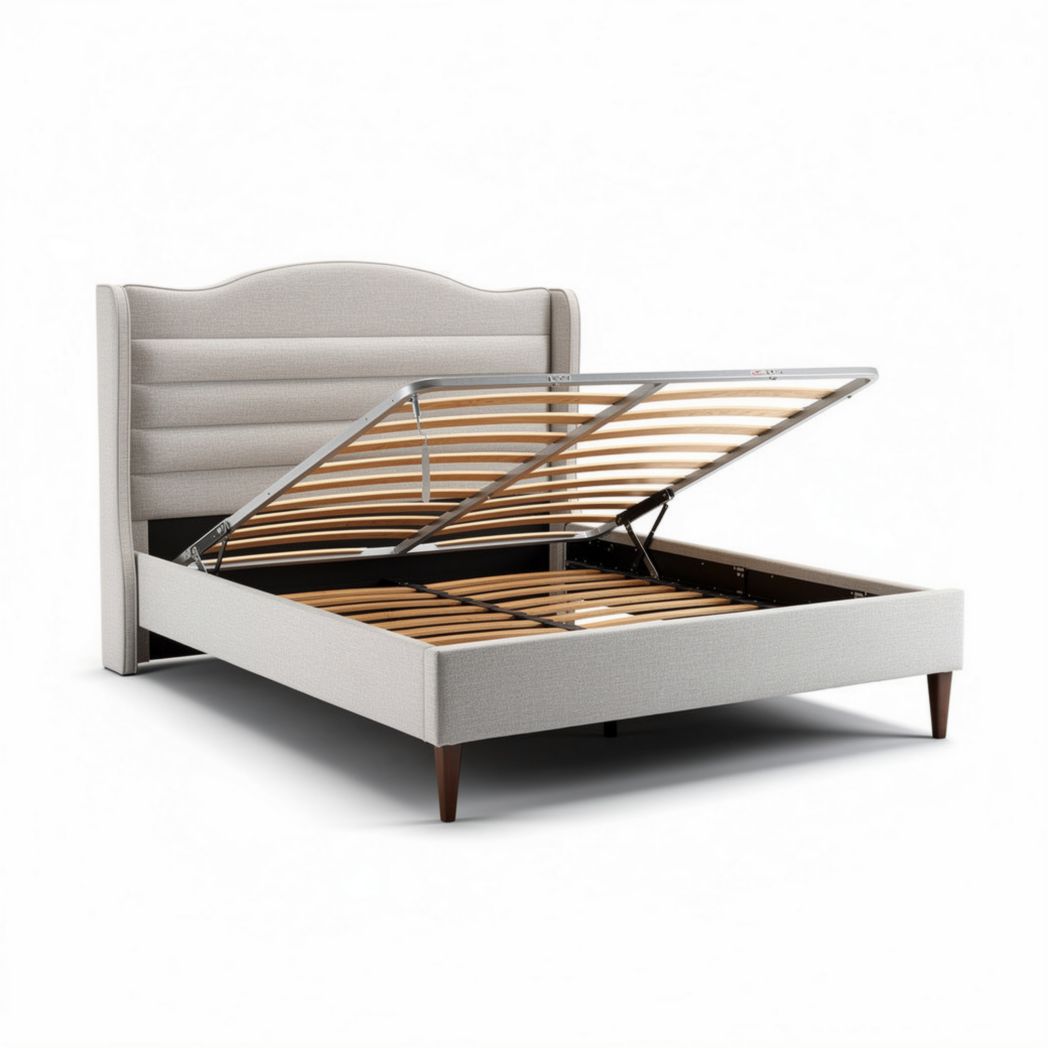 Lit avec tête de lit rembourrée en tissu beige et rangement intégré 200 x 160 x 100cm