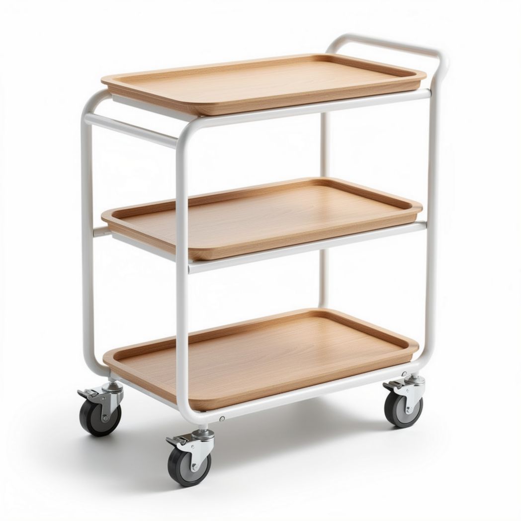 Chariot de service en bois et métal blanc de 80 x 45 x 85 cm avec roulettes