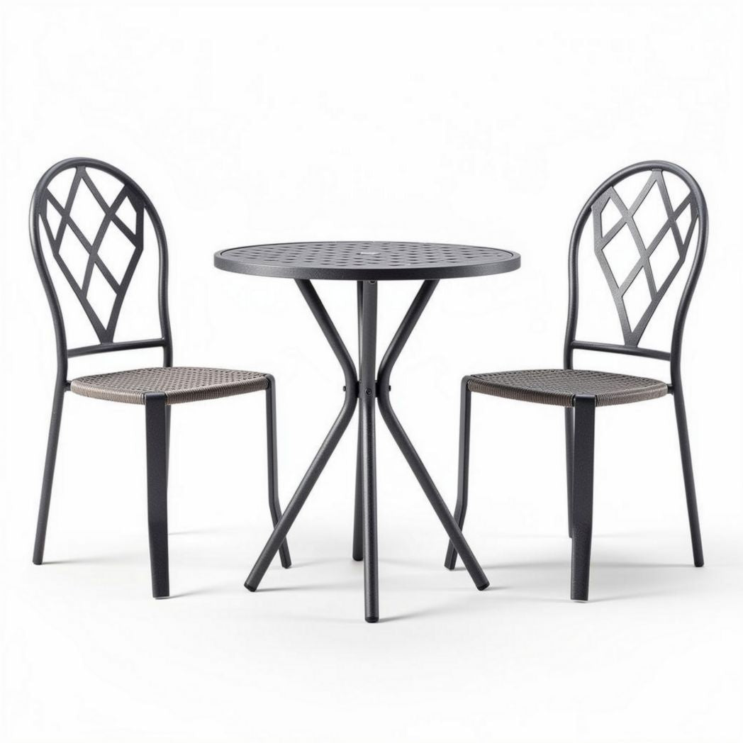 Table ronde en métal avec deux chaises en filigrane pour espace extérieur 80 x 80 x 75cm