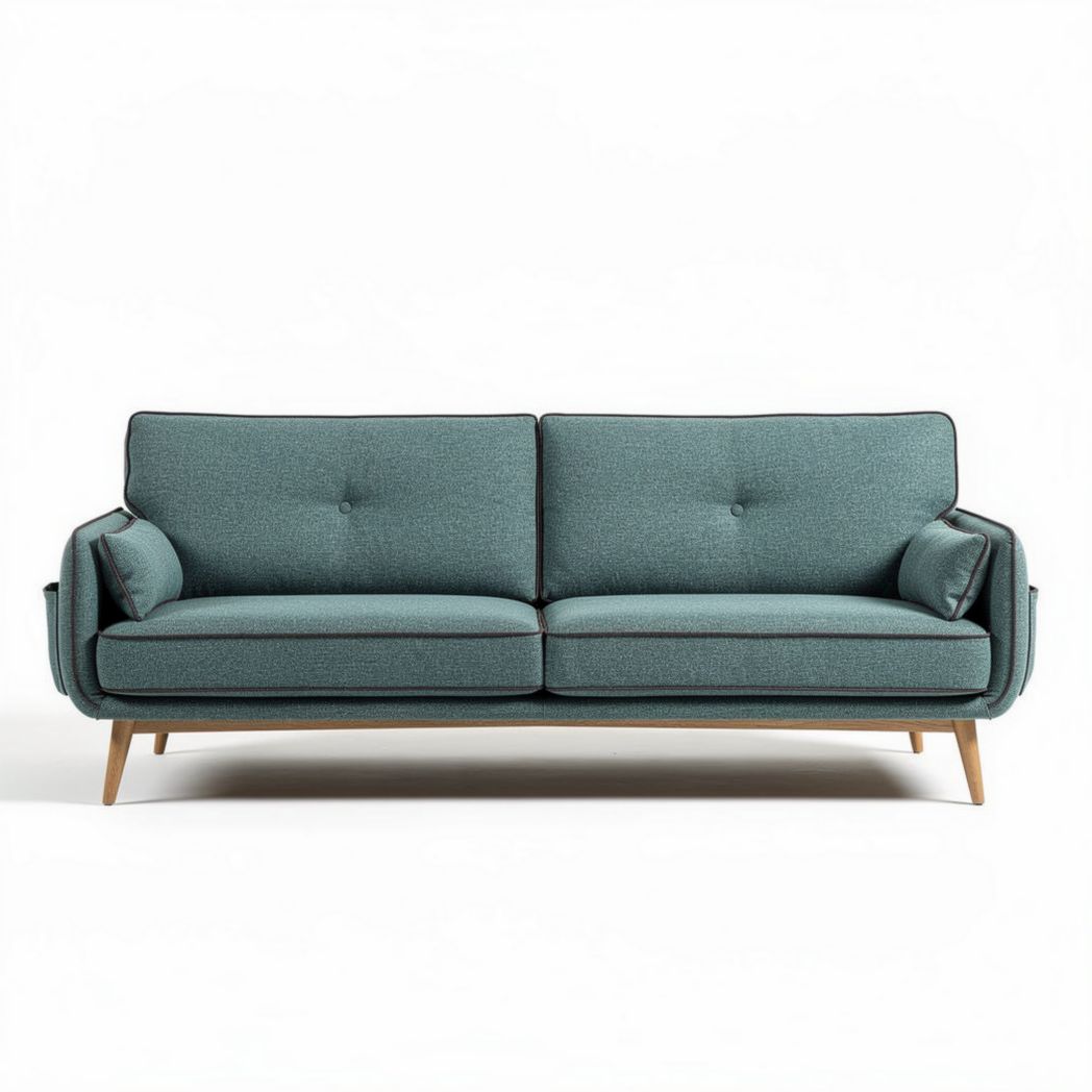 Canapé en tissu vert de dimensions 200 x 85 x 80cm avec pieds en bois